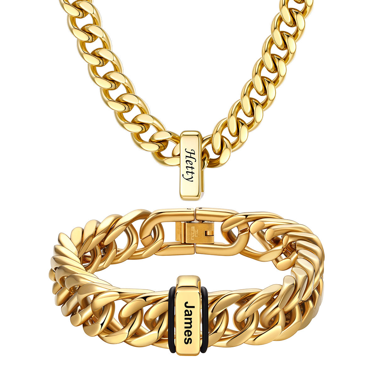 Custom Engraved  1 Name Cuban Link Necklace & Bracelet Set Gold Plated