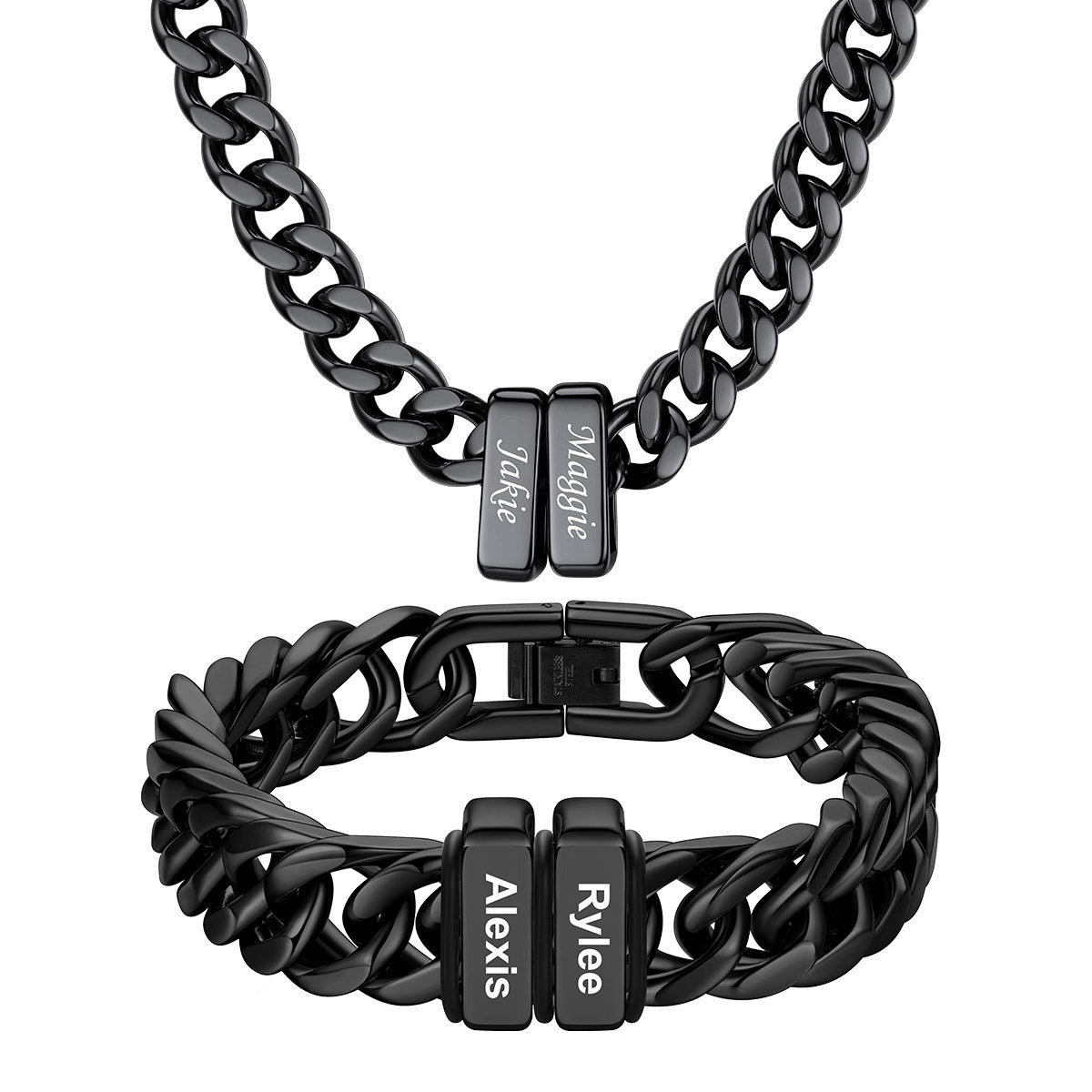 Custom Engraved 2 Name Cuban Link Necklace & Bracelet Set Black Plated