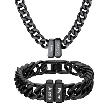 Custom Engraved 2 Name Cuban Link Necklace & Bracelet Set Black Plated