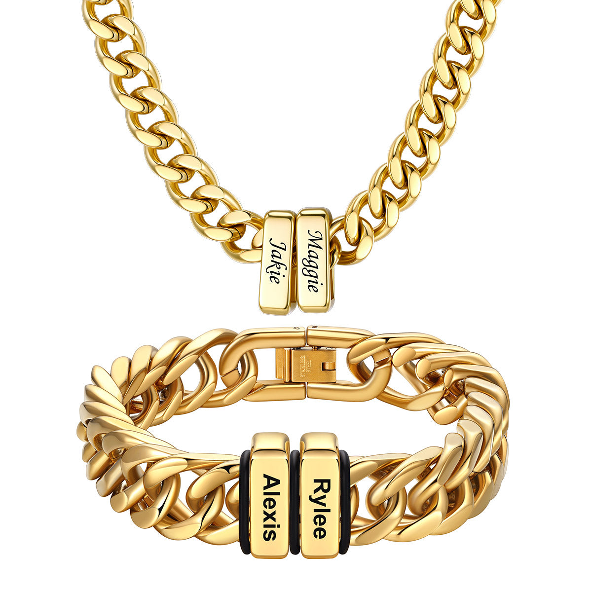 Custom Engraved  2 Name Cuban Link Necklace & Bracelet Set Gold Plated