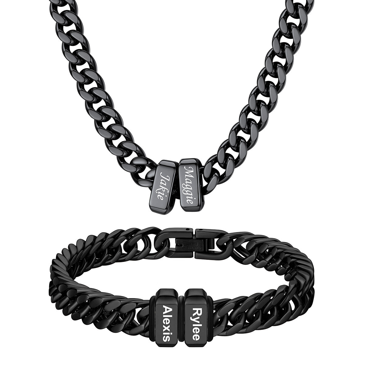 Custom Engraved 2 Names Cuban Link Necklace & Bracelet Set Black Plated
