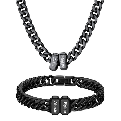 Custom Engraved 2 Names Cuban Link Necklace & Bracelet Set Black Plated