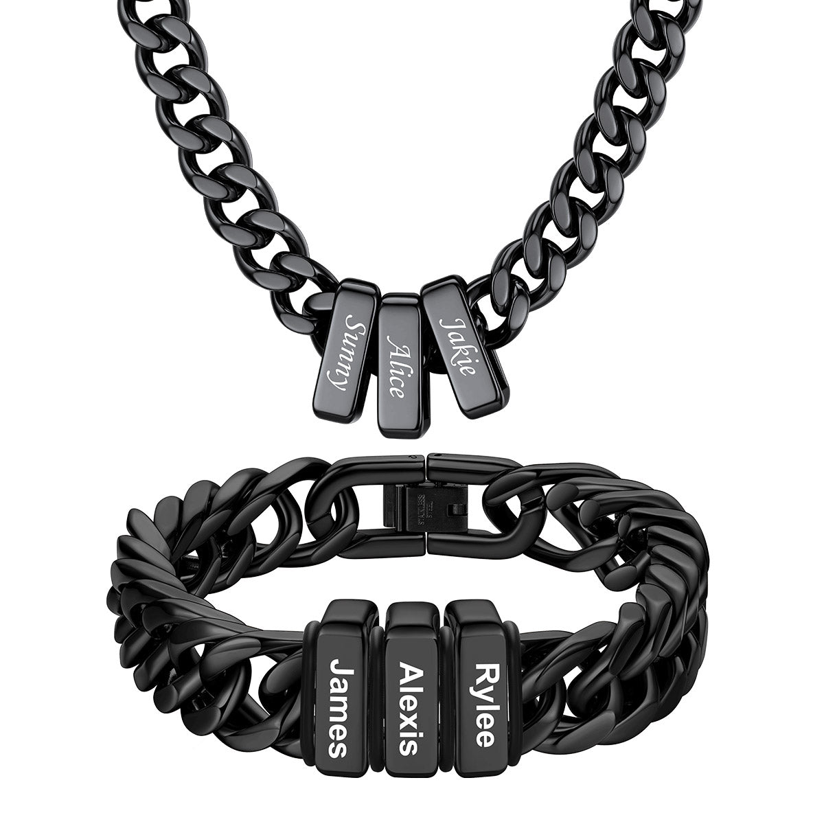 Custom Engraved 3 Name Cuban Link Necklace & Bracelet Set Black Plated
