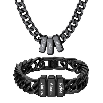 Custom Engraved 3 Name Cuban Link Necklace & Bracelet Set Black Plated