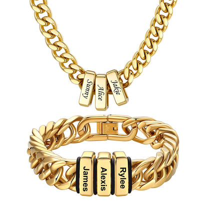 Custom Engraved  3 Name Cuban Link Necklace & Bracelet Set Gold Plated