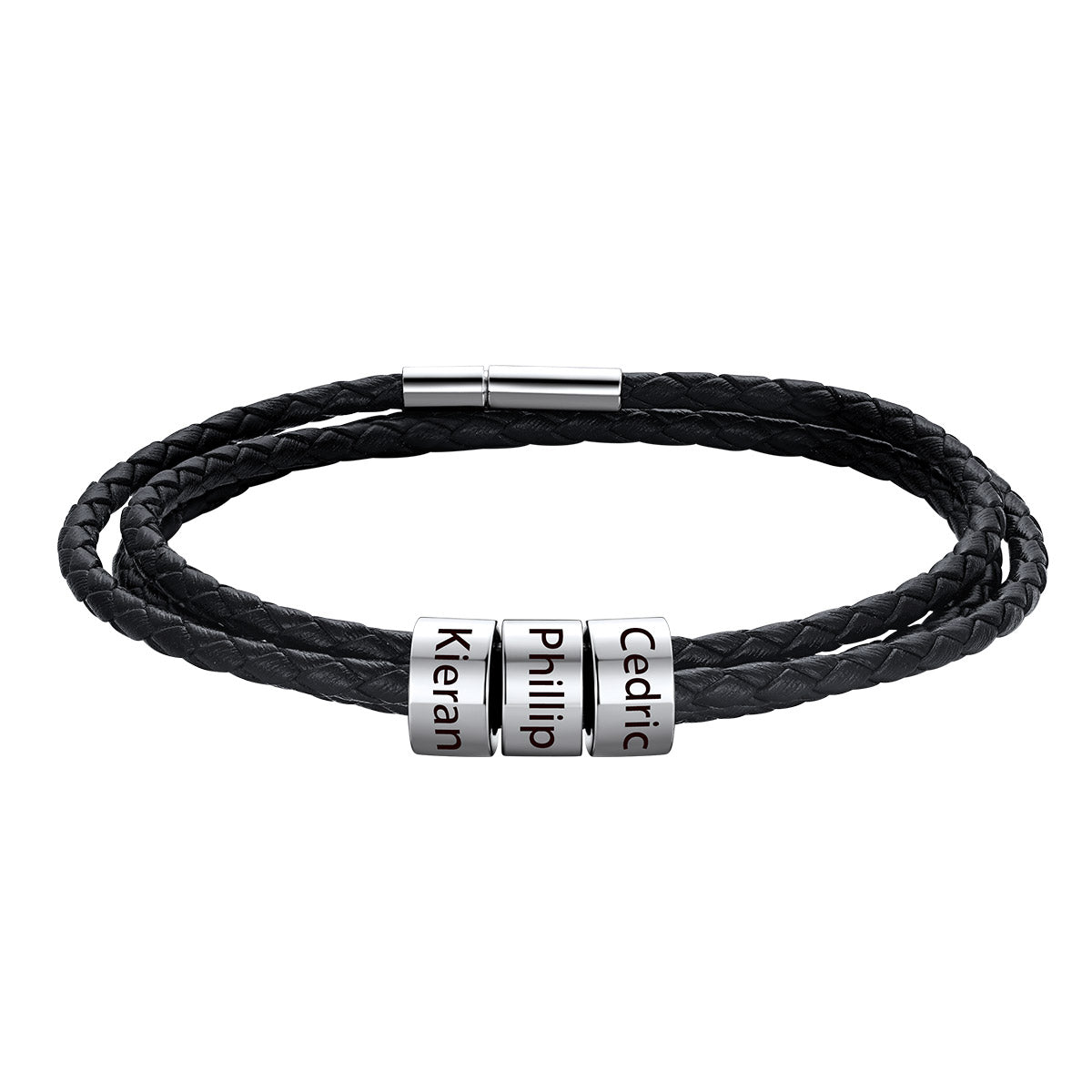Custom Engraved 3 Names Beads Leather Bracelet for Men Women on a white background