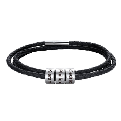 Custom Engraved 3 Names Beads Leather Bracelet for Men Women on a white background