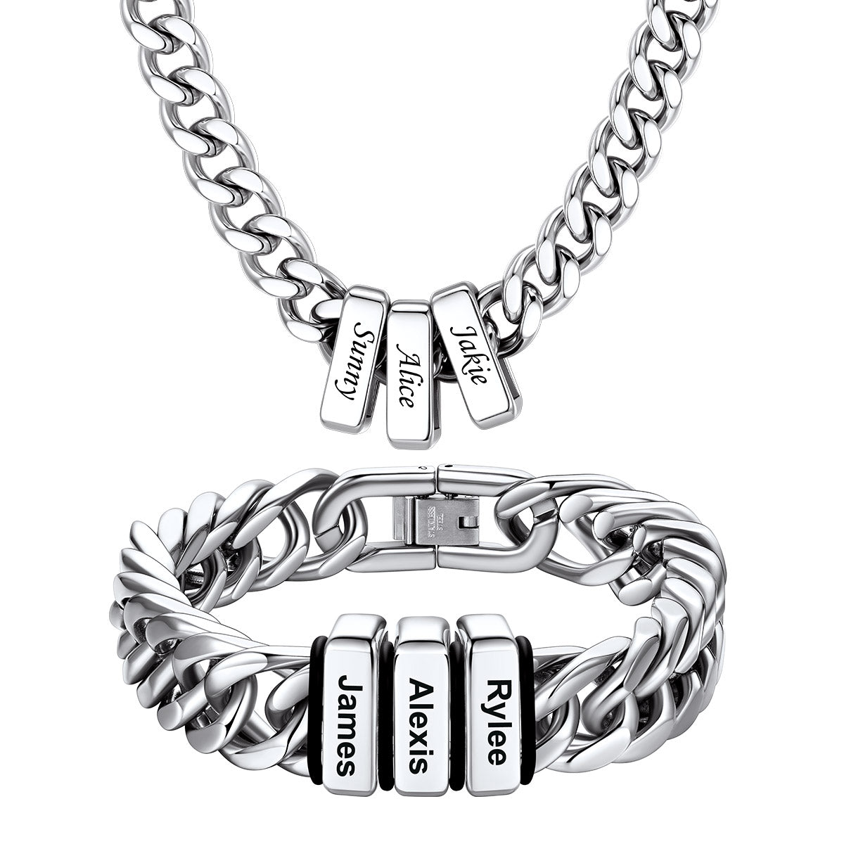 Custom Engraved  3 Names Cuban Link Necklace & Bracelet Set