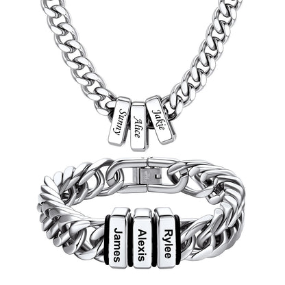 Custom Engraved  3 Names Cuban Link Necklace & Bracelet Set