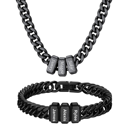 Custom Engraved 3 Names Cuban Link Necklace & Bracelet Set Black Plated
