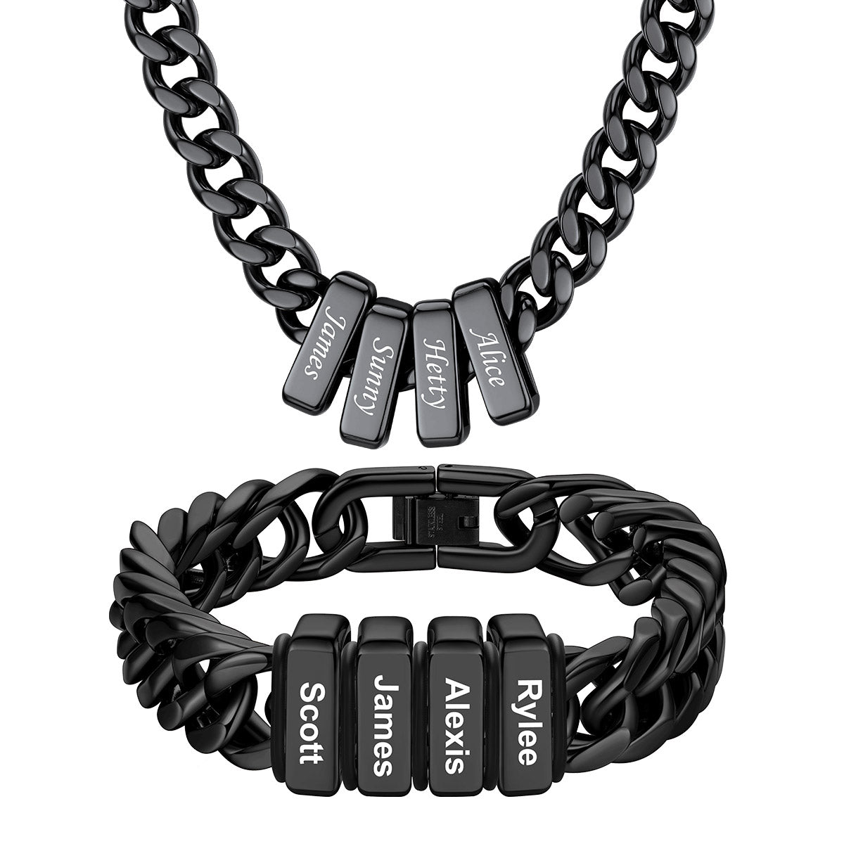 Custom Engraved 4 Name Cuban Link Necklace & Bracelet Set Black Plated