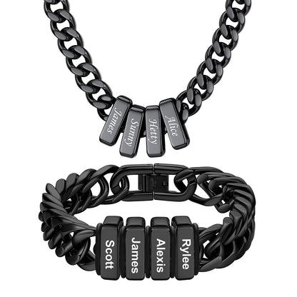 Custom Engraved 4 Name Cuban Link Necklace & Bracelet Set Black Plated