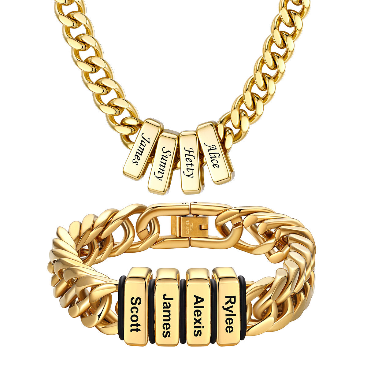 Custom Engraved  4 Name Cuban Link Necklace & Bracelet Set Gold Plated