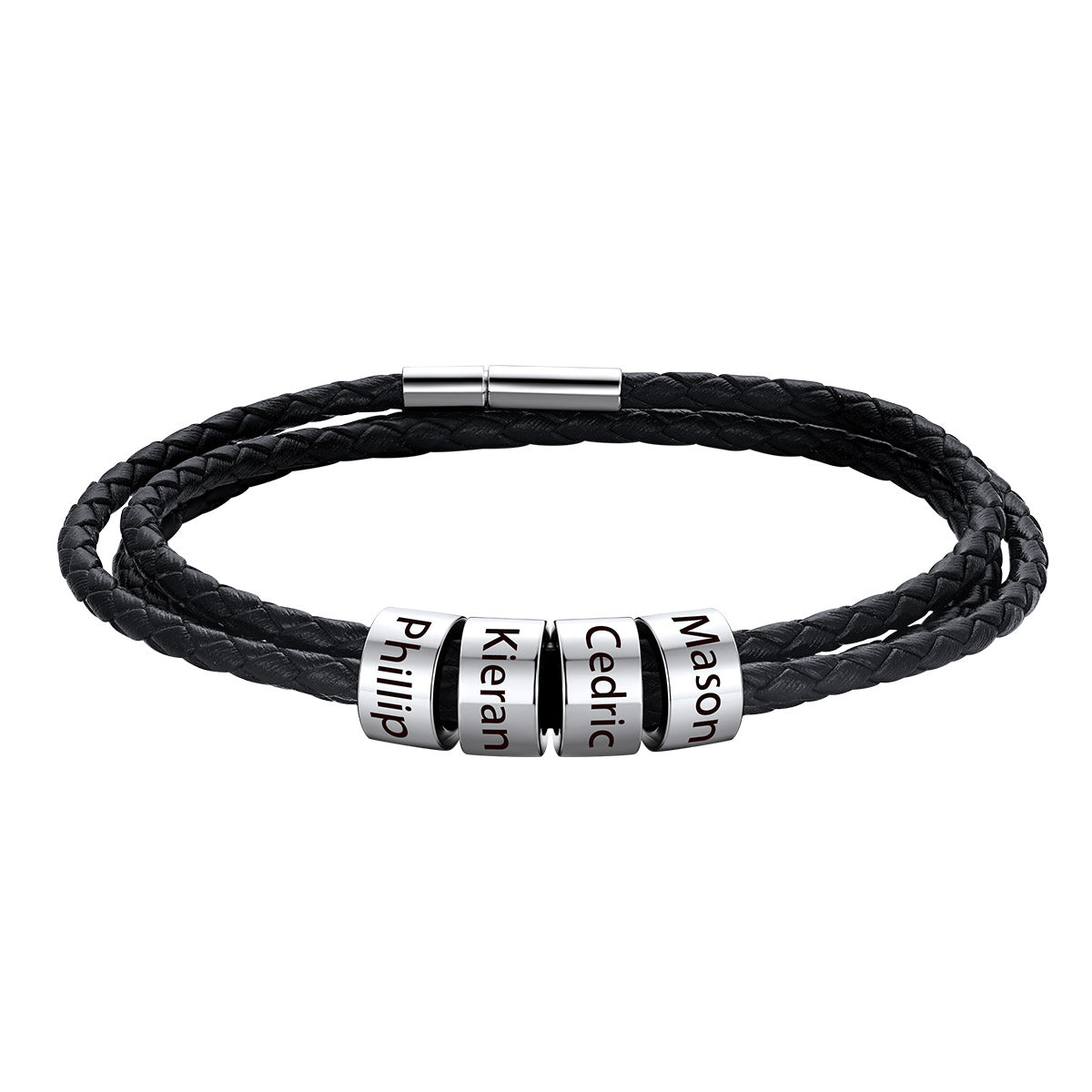 Custom Engraved 4 Names Beads Leather Bracelet for Men Women on a white background