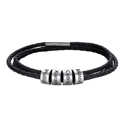 Custom Engraved 4 Names Beads Leather Bracelet for Men Women on a white background