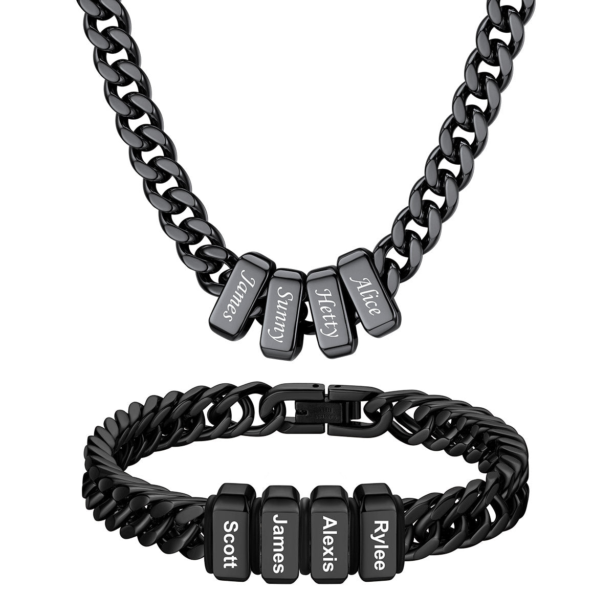 Custom Engraved 4 Names Cuban Link Necklace & Bracelet Set Black Plated