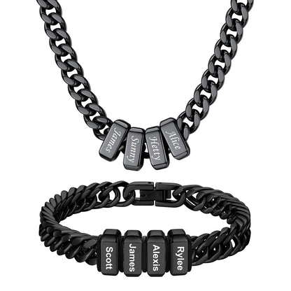 Custom Engraved 4 Names Cuban Link Necklace & Bracelet Set Black Plated