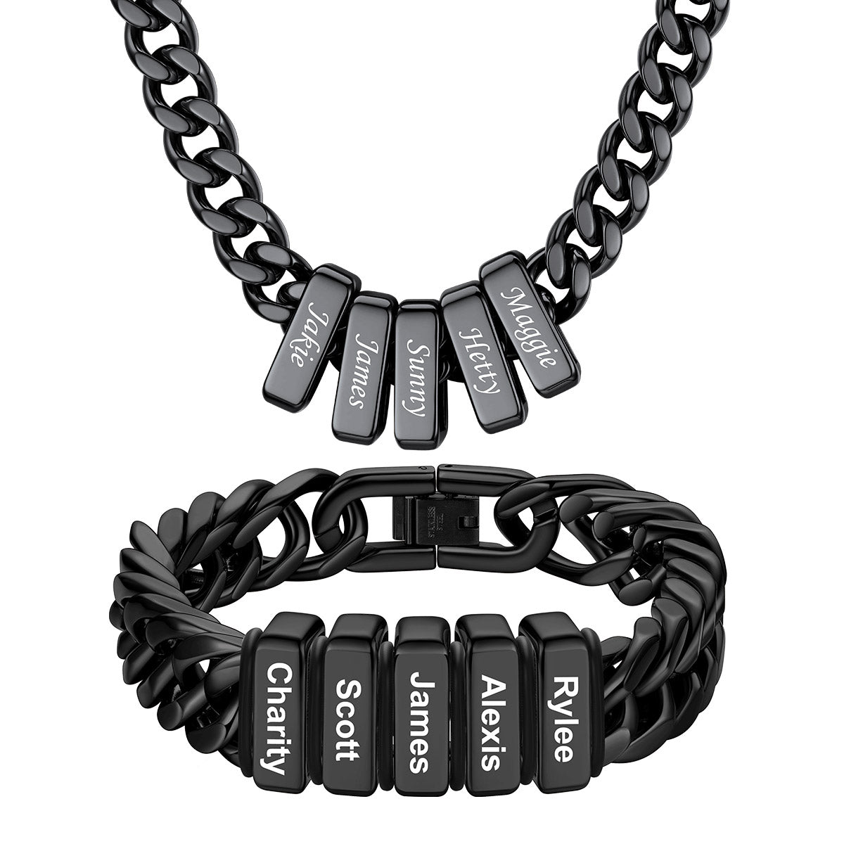 Custom Engraved 5 Name Cuban Link Necklace & Bracelet Set Black Plated