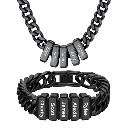 Custom Engraved 5 Name Cuban Link Necklace & Bracelet Set Black Plated
