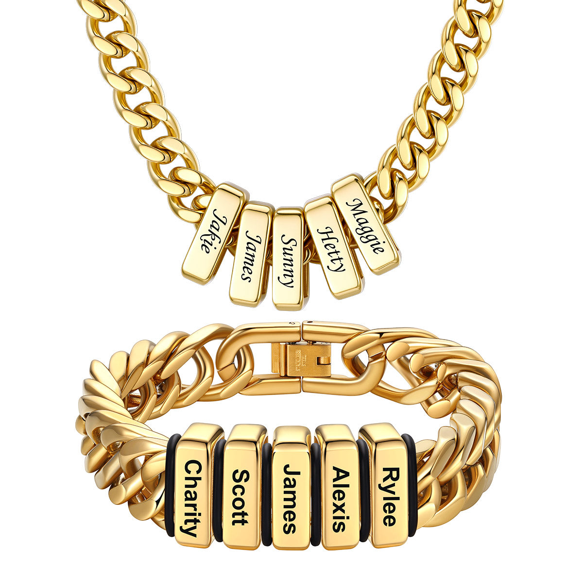 Custom Engraved  5 Name Cuban Link Necklace & Bracelet Set Gold Plated