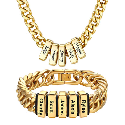 Custom Engraved  5 Name Cuban Link Necklace & Bracelet Set Gold Plated