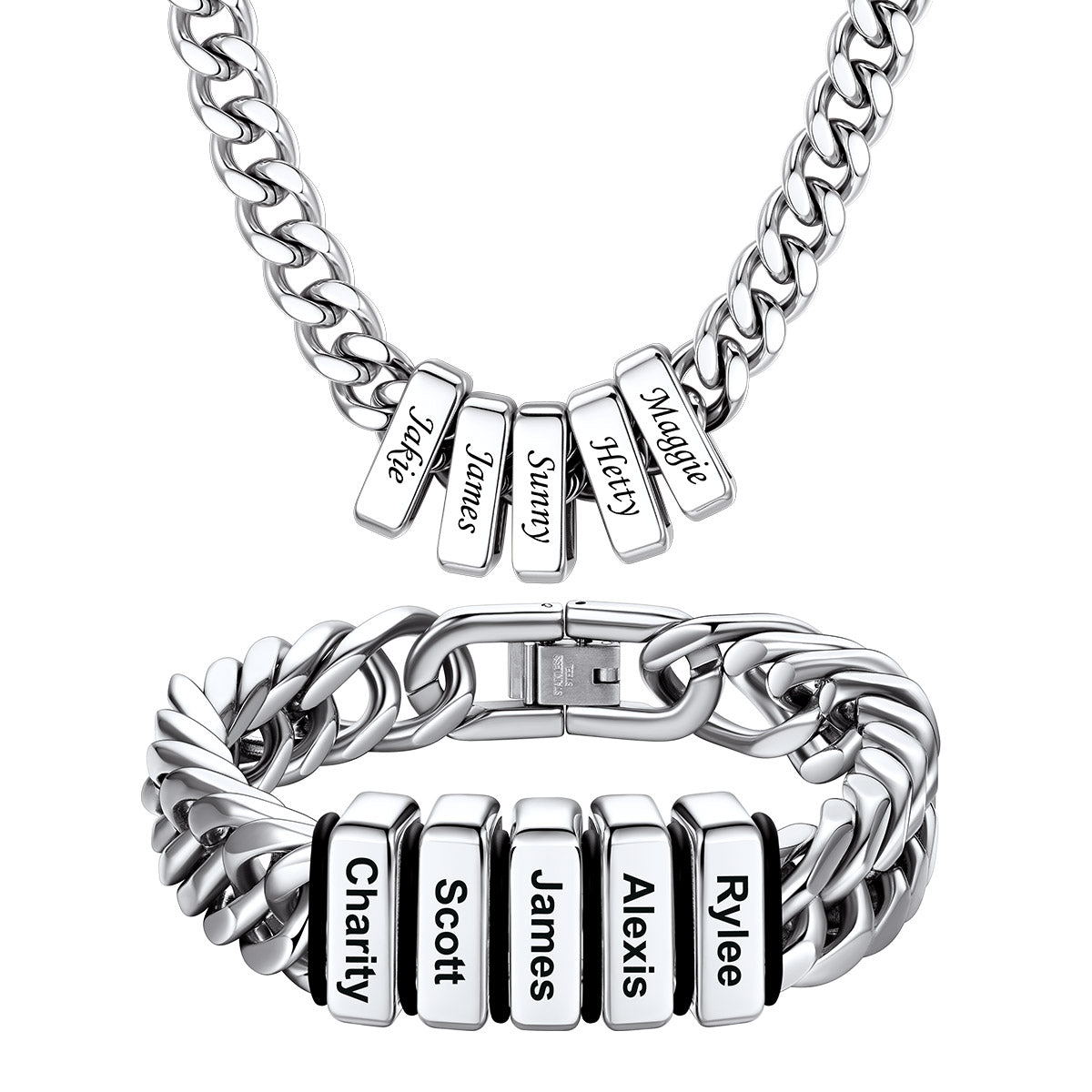 Custom Engraved  5 Names Cuban Link Necklace & Bracelet Set