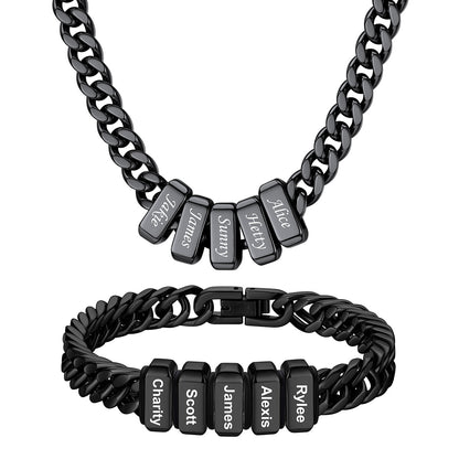 Custom Engraved 5 Names Cuban Link Necklace & Bracelet Set Black Plated