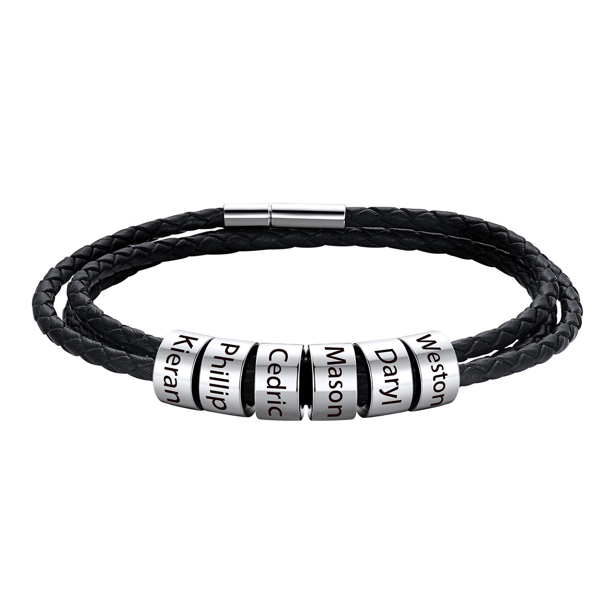 Custom Engraved 6 Names Beads Leather Bracelet for Men Women on a white background