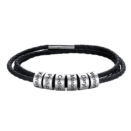 Custom Engraved 6 Names Beads Leather Bracelet for Men Women on a white background