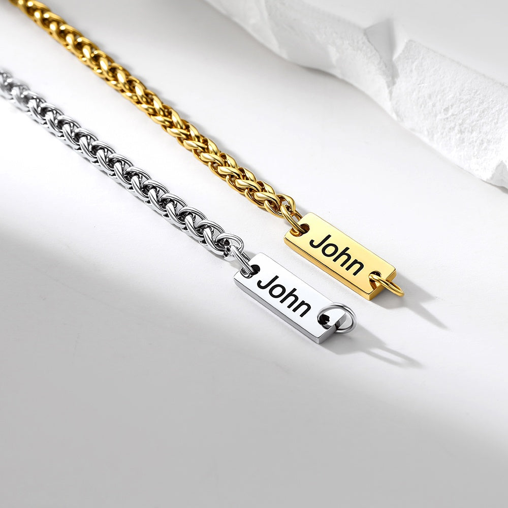 Custom Engraved Bar Box Chain Bracelet for Women in different color on a white background
