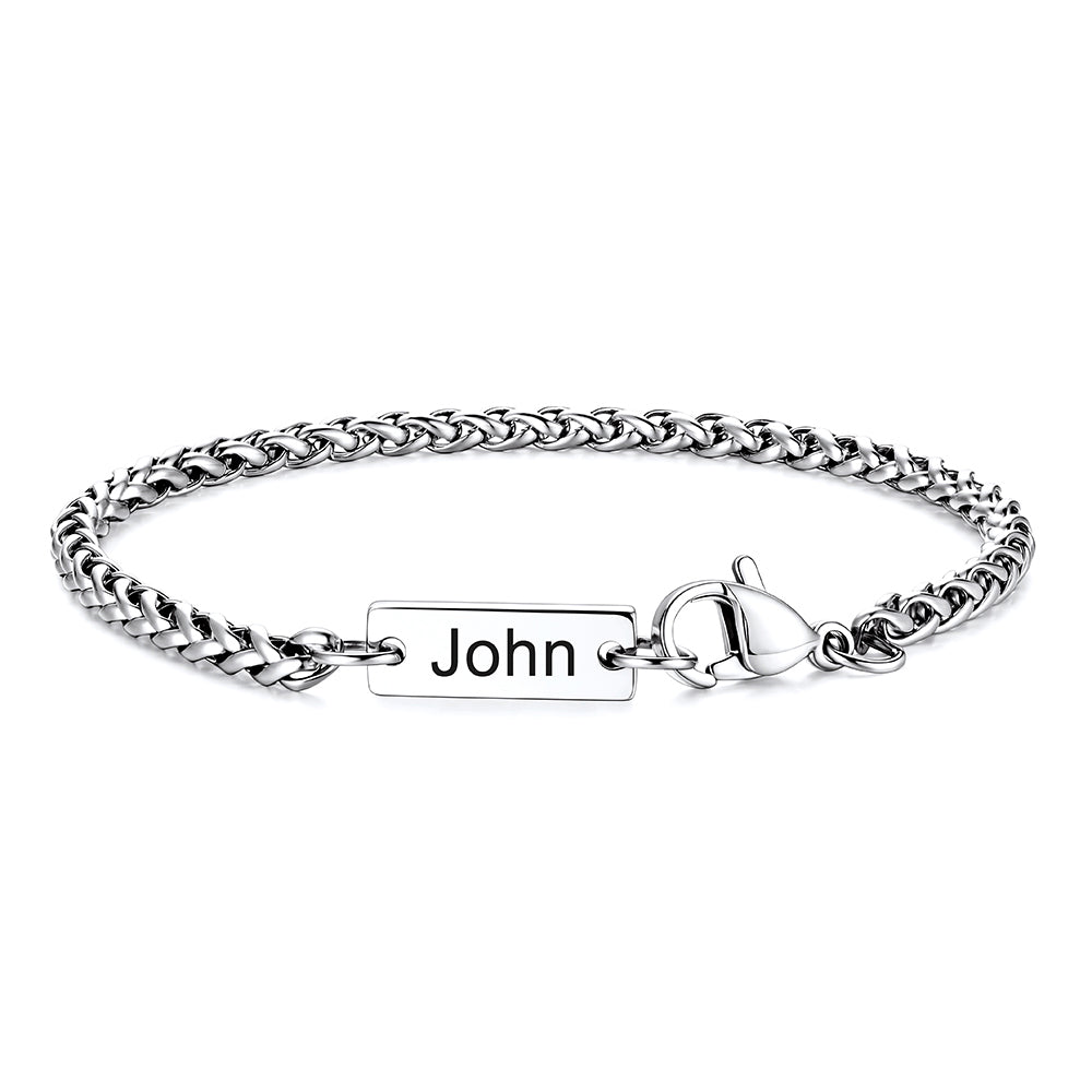 Custom Engraved Bar Box Chain Bracelet for Women on a white background