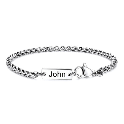 Custom Engraved Bar Box Chain Bracelet for Women on a white background