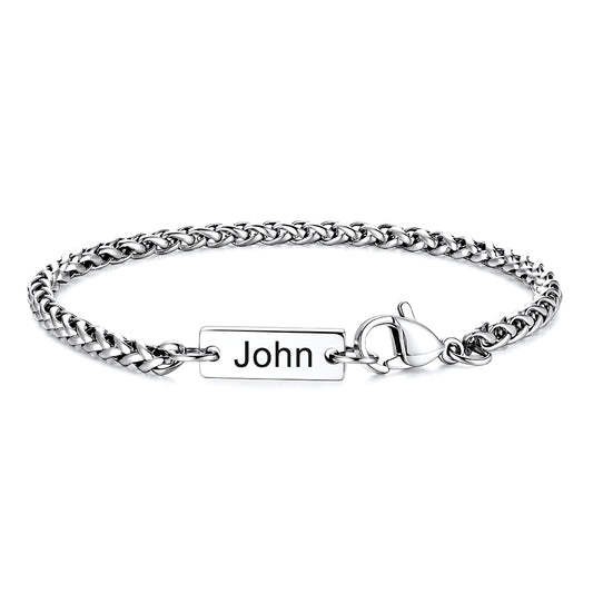 Custom Engraved Bar Box Chain Bracelet for Women on a white background