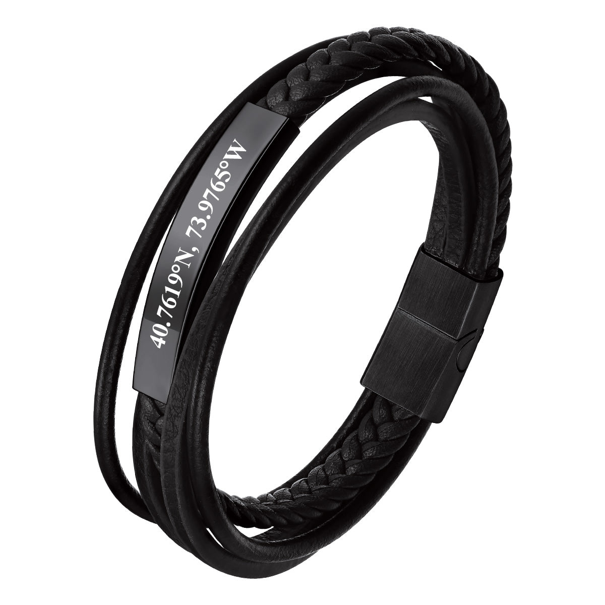 Custom Engraved Braided Leather Bracelet Black Plated