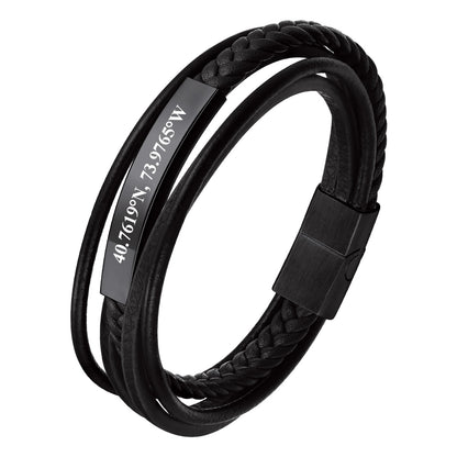 Custom Engraved Braided Leather Bracelet Black Plated