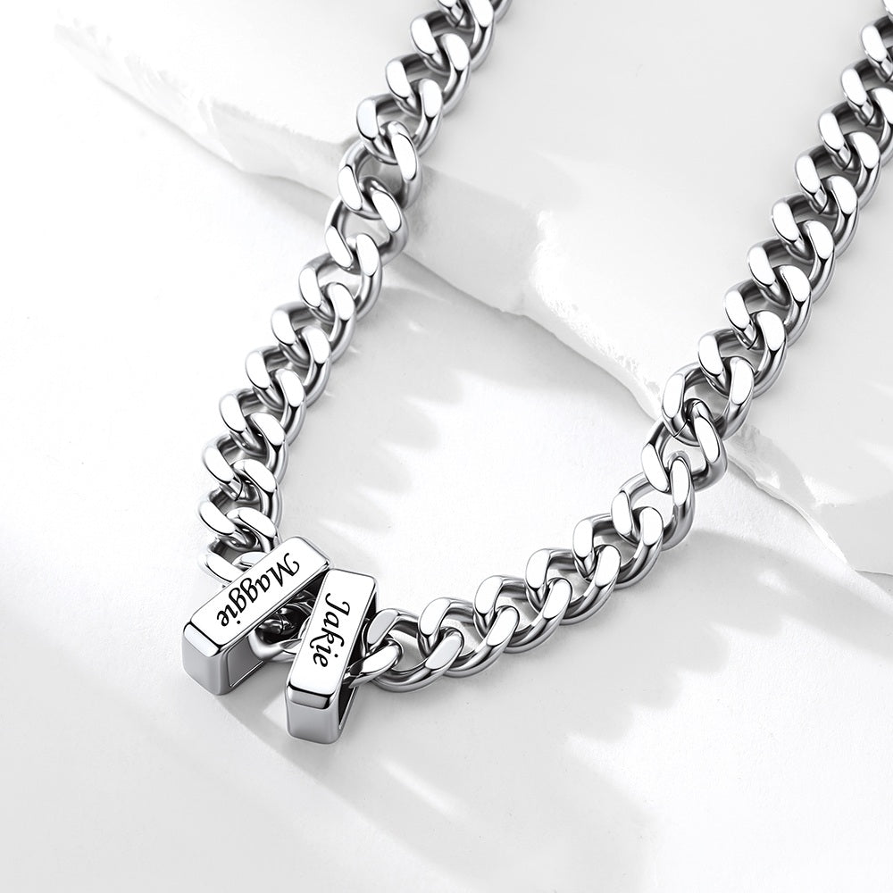 Custom Engraved Charm Multi Name Cuban Link Necklace in stainless steel