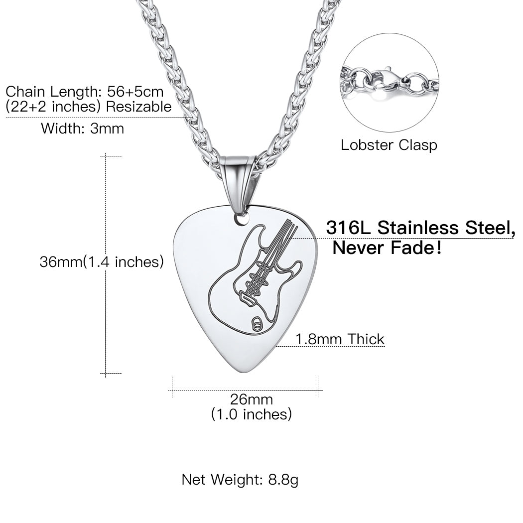 Custom Engraved Hip Hop Punk Guitar Pick Necklace Dimension, Durable, Solid