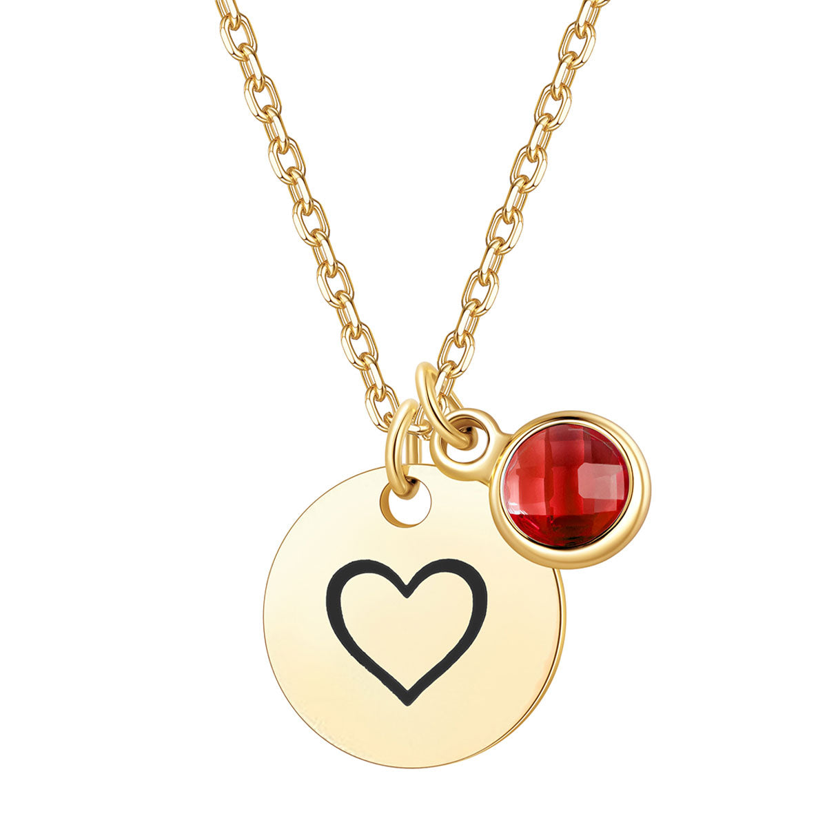 Custom Engraved Icon Round Tag Disc Necklace with Birthstone on a white background