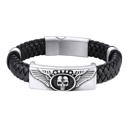 Custom Engraved Leather Braided Skull Wing Bracelet