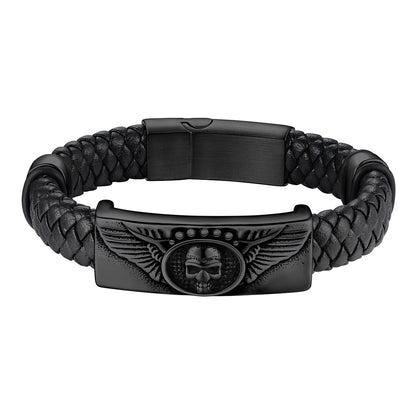 Custom Engraved Leather Braided Skull Wing Bracelet Black Plated