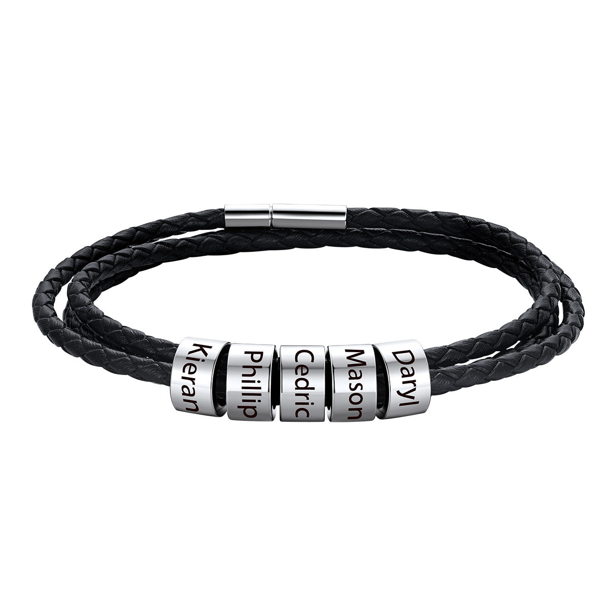 Custom Engraved Name Beads Leather Bracelet for Men Women on a white background