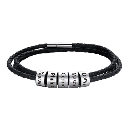 Custom Engraved Name Beads Leather Bracelet for Men Women on a white background