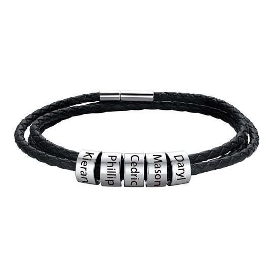 Custom Engraved Name Beads Leather Bracelet for Men Women on a white background