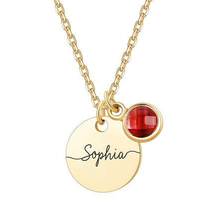 Custom Engraved Name Round Tag Disc Necklace with Birthstone on a white background