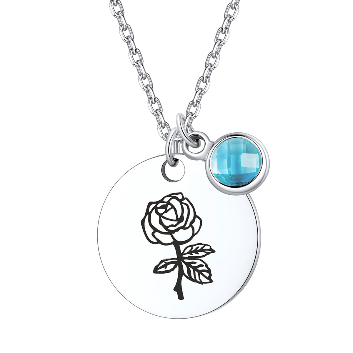Custom Engraved Round Tag Disc Necklace with Birthstone on a white background