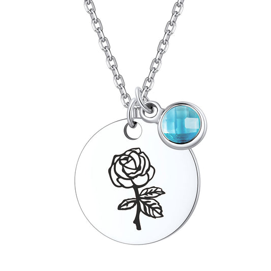 Custom Engraved Round Tag Disc Necklace with Birthstone on a white background