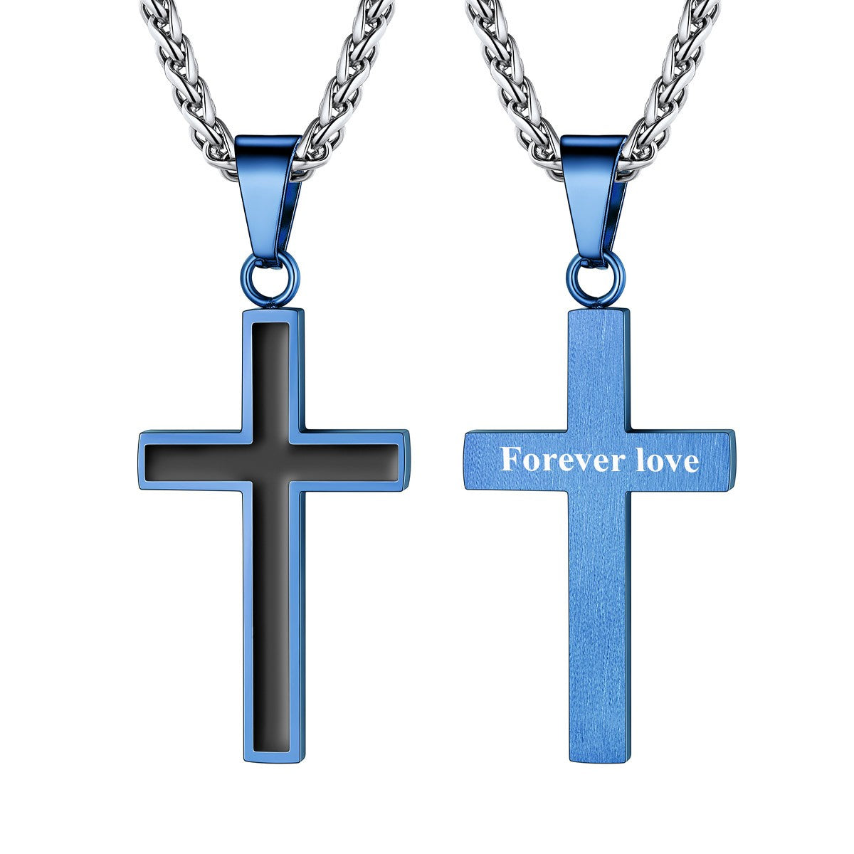 Custom Engraved Simple Enamel Cross Necklace Blue Plated