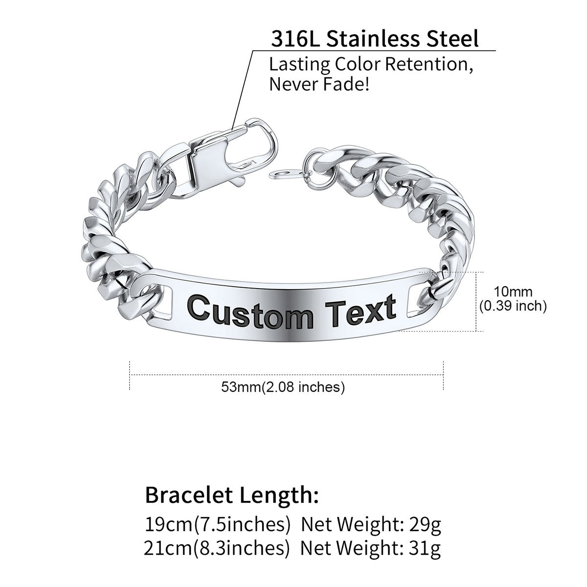 Custom Engraved Text Bar Chain Bracelet for Men 10MM Dimension, Durable