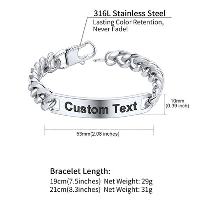 Custom Engraved Text Bar Chain Bracelet for Men 10MM Dimension, Durable