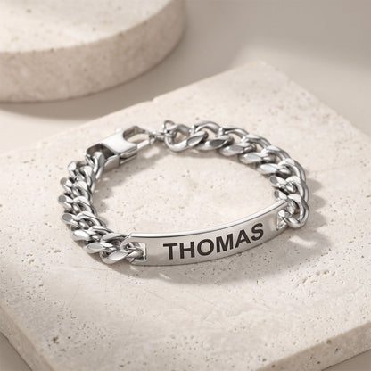 Custom Engraved Text Bar Chain Bracelet for Men 10MM in Gold Plated